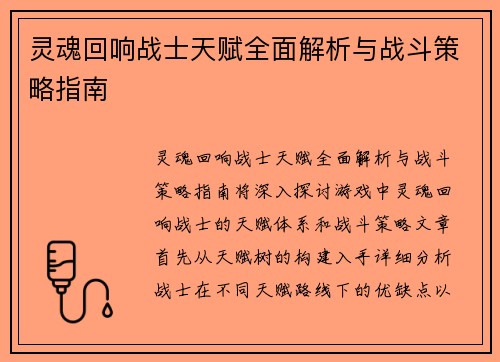 灵魂回响战士天赋全面解析与战斗策略指南